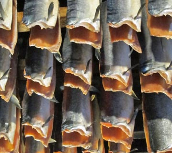Salmon filets hanging from the rafters in a smokehouse