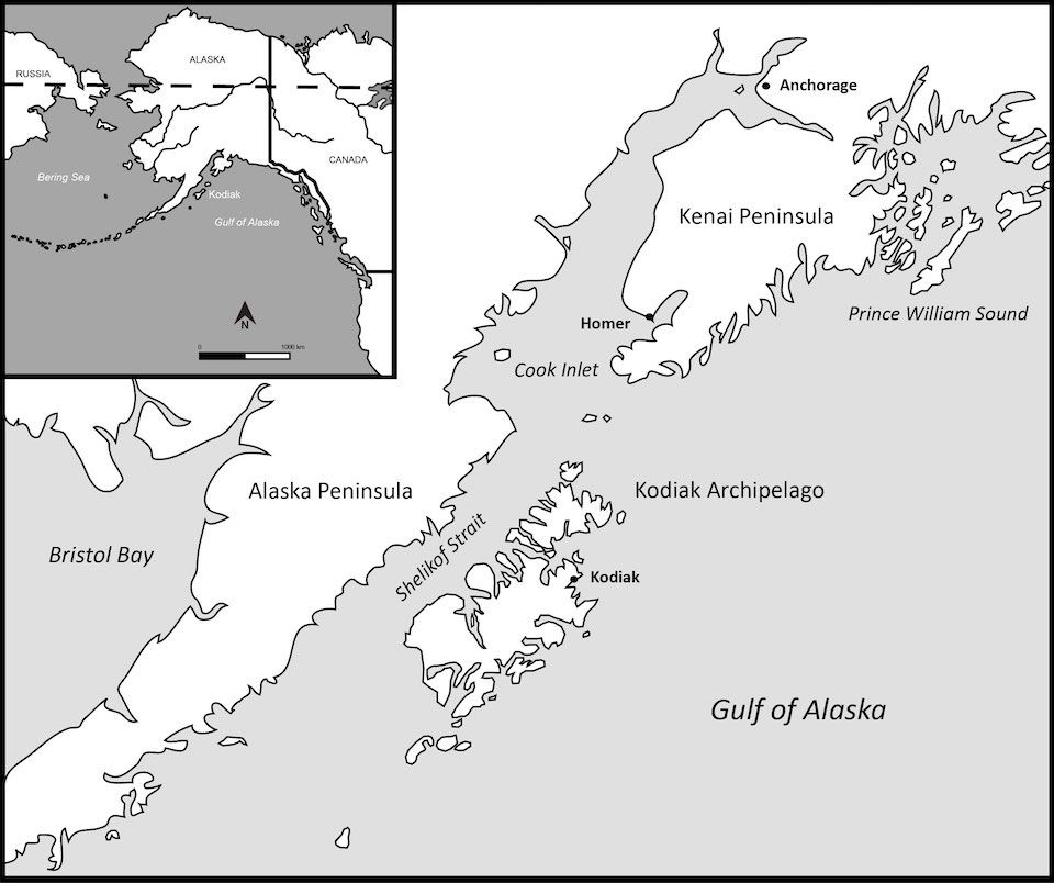 A map of the Alutiiq homeland showing Prince William Sound, Kenai Peninsula, Kodiak Archipelago, and upper Alaska Peninsula