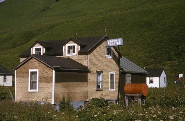 A cluster of buildings with brown siding.